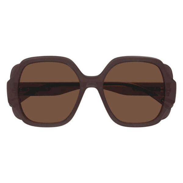 Chloé sunglasses featuring matte opal brown frame and solid light brown lens. Soft Square style with scallop details on the front frame.