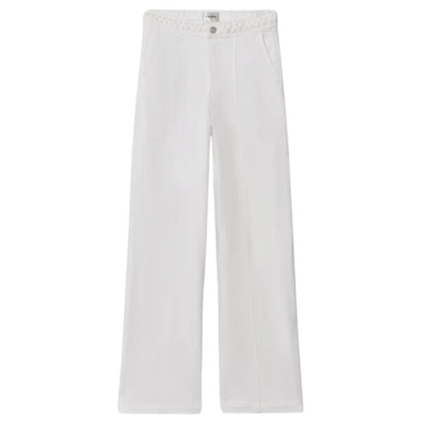 Crafted with a '70s inspired braided waistband, this wide leg jean is cut to a high rise and features an ultra-long 34" inseam—ideal for pairing with heels. Patch pocket details at the front, tonal stitching, and back seams along the leg complete the look. Crafted in Frame's distinct, super-stretch Le Forme denim. Super stretch denim. High rise. Wide leg. Long length. 11.25" Front Rise/34.0" Inseam/23.0" Leg Opening.