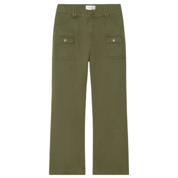 Let your jeans take the day off. This straight-leg pant is made from comfortable stretch twill in a universally flattering washed green. As a nod to utility style, it has front patch pockets as well as flap patch pockets in the back. High Rise Fit. Machine Wash Cold. 98% Cotton/2% Elastane. 11" Front Rise/27" Inseam/17.5" Leg Opening.