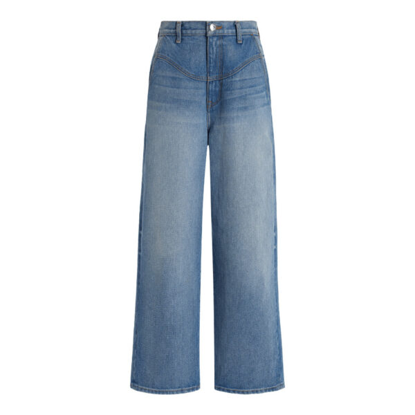 These high-waisted, wide-leg jeans are made of pure cotton in a medium wash. Zip and button fastening. Composition: 100% Cotton. Dry clean or machine wash. Made in the USA.