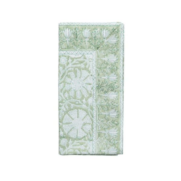 Inspired by the patterns found throughout the Provence region of southern France, the aplty Provence Napkin features a playful pattern in muted mint tones. 21" Length x 21" Width.