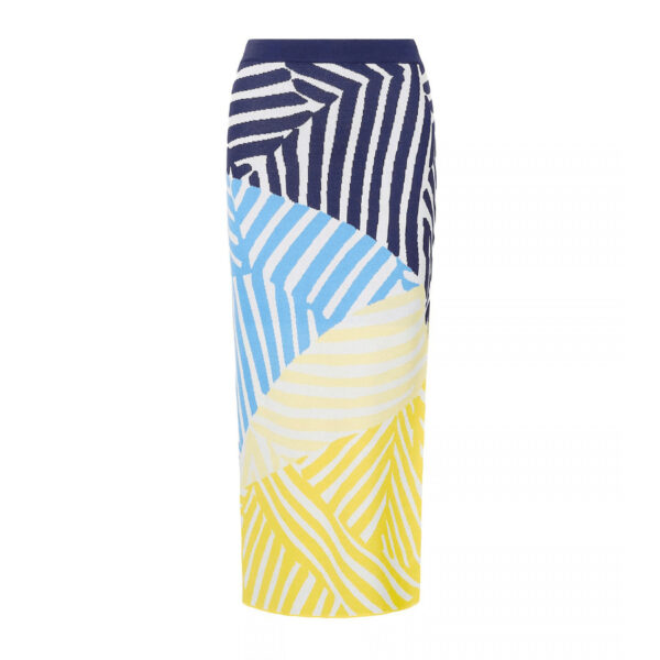 A fitted midi-length skirt made out of a stretchy compact knit fabric, the Karina features a color block mosaic pattern and elasticated waistband. 80% Viscose, 20% Nylon. Dry clean only.