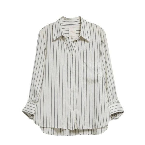 TWP's sophisticated striped shirt, crafted from luxurious silk. Featuring a spread collar and a curved hem, it adds a touch of luxury to any outfit