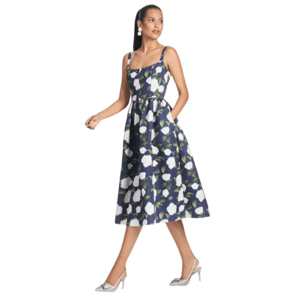 The Olena dress just made Spring and Summer dressing a lot more fabulous. This printed poly faille navy piece is covered in our ivory peonies with the most flattering fit and flare silhouette. 42" Long. Back Zipper. Printed Poly Faille. 100% Polyester.