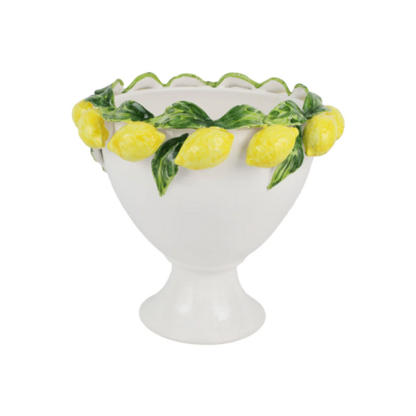 True artwork for your home, the Limoni Figural Footed Planter is adorned with robust, vibrant lemons reminiscent of the Amalfi Coast's famed fruit. Dimensions: 14.5"D, 12.5"H. Handwash only. 