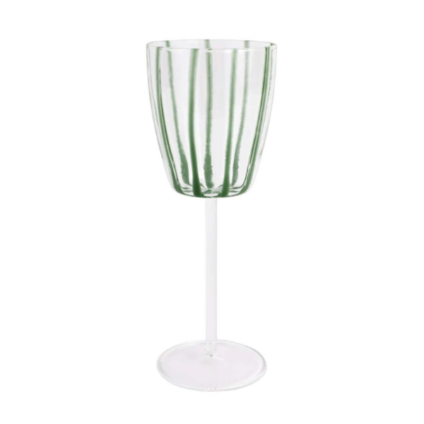 Mouthblown by skilled artisans, the Nuovo Stripe Green Wine Glass features painterly stripes gliding down each glass, and the result is a fresh and fun addition to your table. Dimensions: 9.5"H, 11 oz. Dishwasher safe.  Microwave safe. 