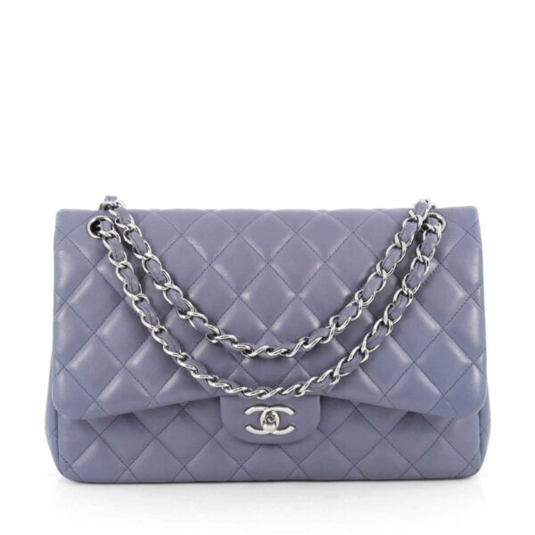 Chanel new classic flap. Material: Lambskin. Shoulder. Color: Purple. Style: New Classic. Size: Jumbo. Country of Origin: Italy. Year: 2011.