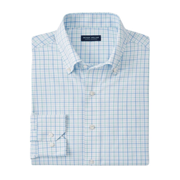 This everyday essential is made to convey the classic style of a sports shirt with the ease of a performance fabrication. It offers two-way stretch, wicking, and UPF 50+ sun protection. Finished with a button-down collar, French placket, and double-button mitered cuffs. Men's 100% polyester sports shirt. Tailored Fit. Button-down collar. Machine wash cold with like colors; lay flat to dry. Imported.