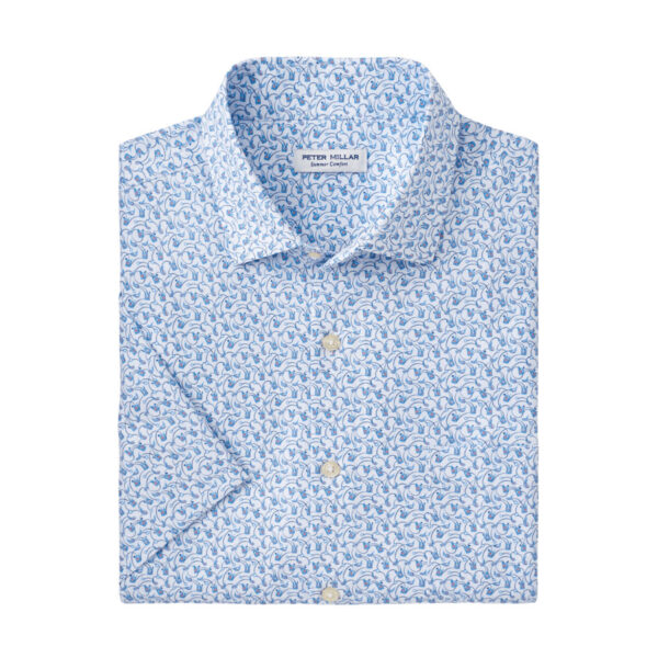 This short-sleeve sport shirt is made from a soft performance fabric with two-way stretch, wicking and UPF 50+ sun protection. It features a custom golf-themed print and a shorter length for casual wear. Finished with a spread collar and a French placket. Men's 100% polyester sport shirt. Classic Fit. Two-way stretch, wicking. Machine wash cold with like colors; Lay flat to dry. Imported.