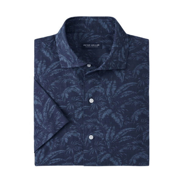 This short-sleeve sport shirt is crafted from a soft, lightweight cotton. It's designed with a shorter length perfect for casual wear. Finished with a spread collar, French placket and mother-of-pearl buttons, it features a custom tropical print hand-designed in our creative studio. Men’s 100% cotton sport shirt. Tailored Fit. Spread collar with mother-of-pearl buttons. Machine wash cold; lay flat to dry or dry clean.