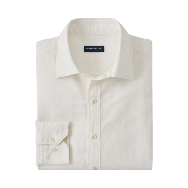 This casual popover is made from a blend of cotton and linen for lightweight wear and just the right amount of classic structure. It features a slightly shorter length for casual wear. Finished with a spread collar, pointed four-button placket, and mitered cuffs. Men's 63% cotton / 37% linen sport shirt. Tailored Fit. Spread collar with mother-of-pearl buttons. Machine wash cold; lay flat to dry or dry clean.