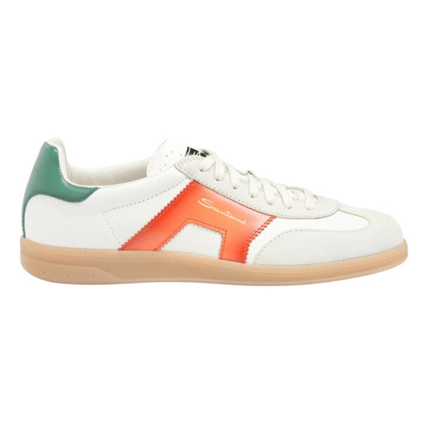 Men's low-top sneakers. Crafted from leather and suede. Color: white, green, and orange. Double-buckle-inspired leather side detail. Subtle double-buckle detailing on the tongue. Lace-up fastening. Natural-tone rubber sole. Santoni lettering molded into the tread. Made in Italy.