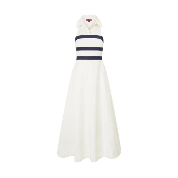 Featured in Staud's Summer 2024 collection, this white midi dress is a perfect resort staple. With a navy stripe detail at the chest, this detail makes the perfect simple statement addition to your wardrobe. Fits true to size. 98% Cotton / 2% Spandex.